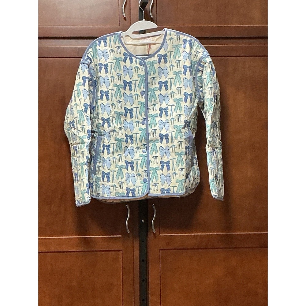 Entro J24661 Blue Bow Print Quilted Jacket Womens Size S Cotton Coquette NWT